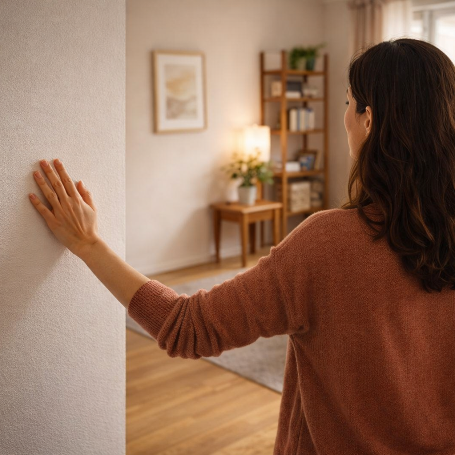 Energie der Räume lesen und wahrnehmen Frau mit braunem Pullover, die mit der Hand eine Wand berührt, in einem wohnlichen Raum.